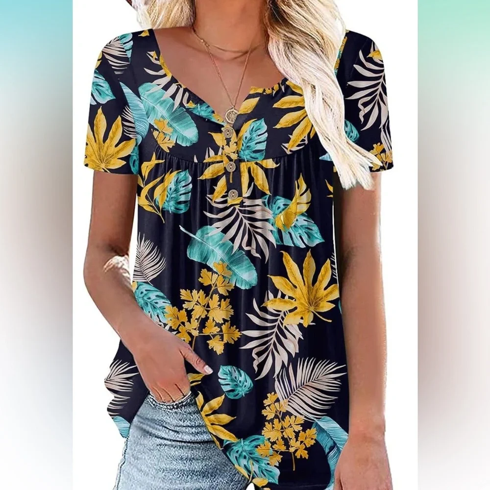 V neck short sleeve tunic blouse